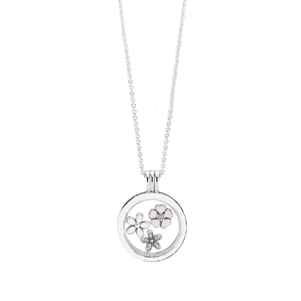 

100% Real 925 Sterling Silver Necklace Set Of Floral Petites Floating Locket Necklace For Fashion Women Jewelry Gift