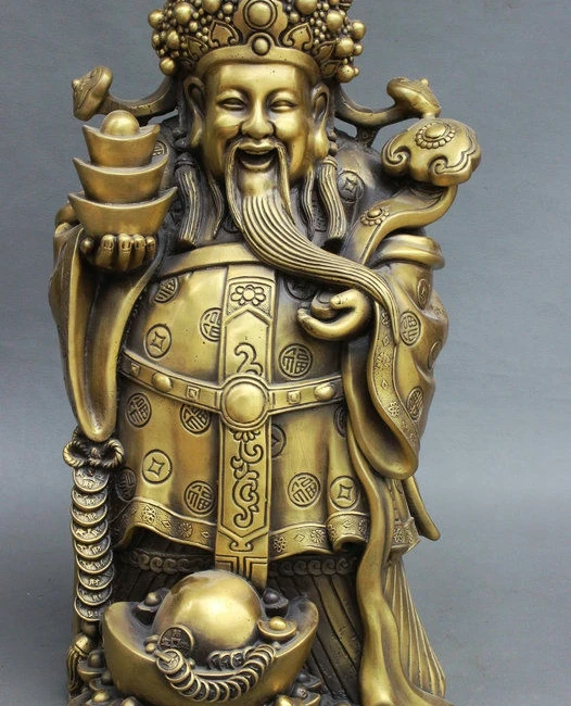 

16" Chinese Exquisite Bronze Wealth YuanBao Coin Mammon God Hold RuYi Statue