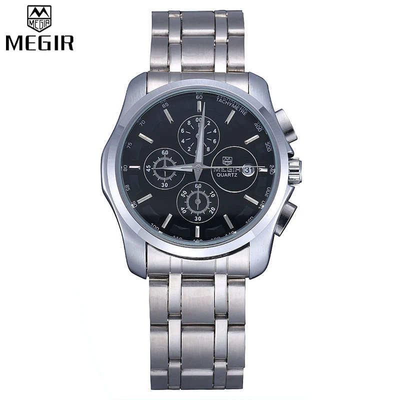 MEGIR Famous Brand Sport Watch Men Accurate Chronograph Multifunction Large Dial Stainless Steel Band Men Quartz