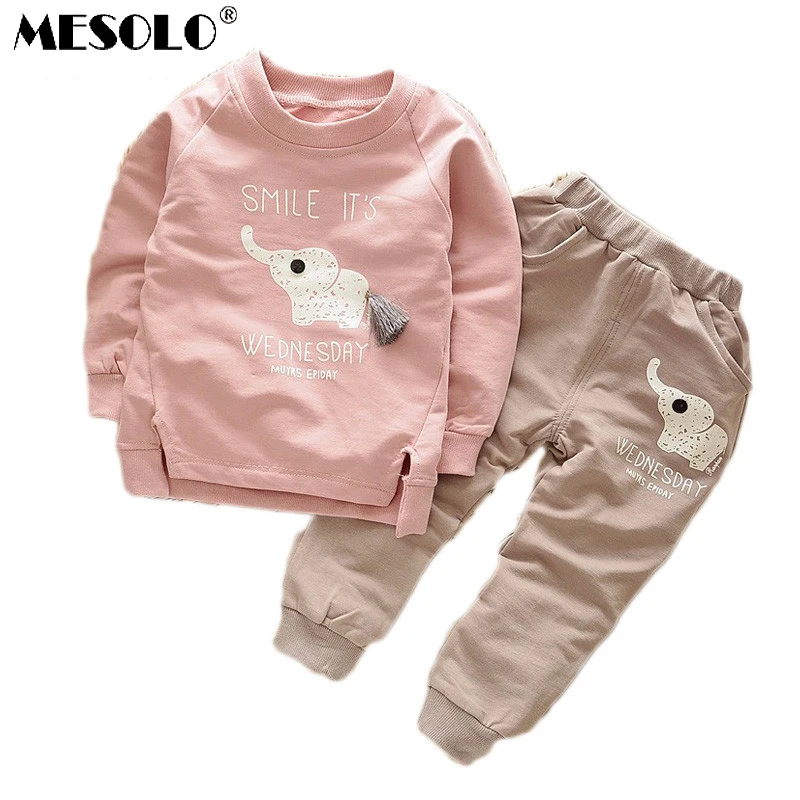

MESOLO 2019 New Autumn Spring baby children boys girls Cartoon Elephant Cotton Clothing Sets T-Shirt+Pants Sets Suit 18M-4T