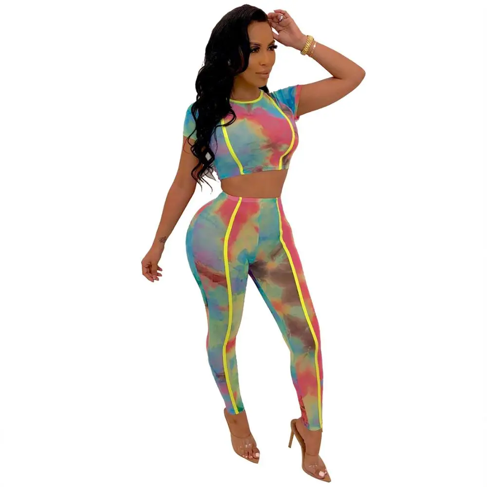 

Women Two Piece Suit Sports Tie-Dye Printing Plus Size Playsuit Female Crop Top + Wrap Pants Set Sexy Casual Nightclub Bodysuits