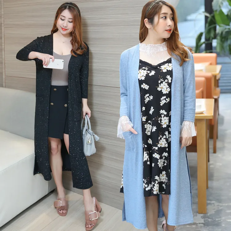 

MINSUND New Plus Size Cardigan Komonos with Pocket Casual Tops Womens Shirt and Blouses 3/4 Sleeve Slit Side Knitted Long Kimono
