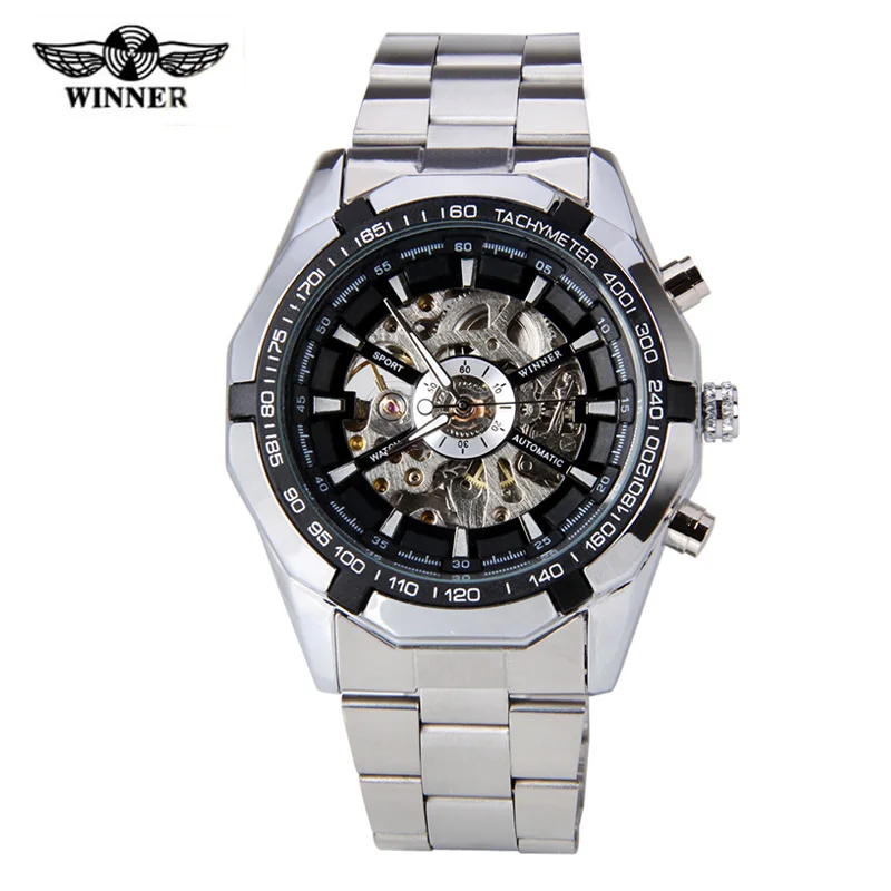 

WINNER Men Luxury Brand Military Casual Skeleton Stainless Steel Watch Automatic Mechanical Wristwatch Gift Box Relogio Releges
