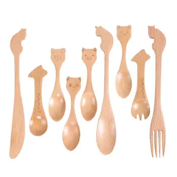 

Cute Cat Dog Giraffe Panda Pig Animal Cartoon Tableware Children Kids Wooden Cartoon Tableware Spoon Fork Knife Eating Natural