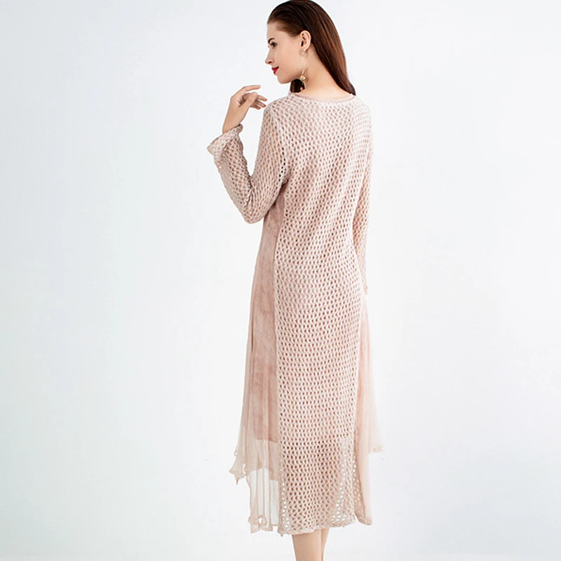 Longues O Femmes Cou Évider À Printemps Patchwork Manches Mode Nouveau Longue Conception Soie 2019 De Style 100 Robe Tricoté Solide Px10qw0
