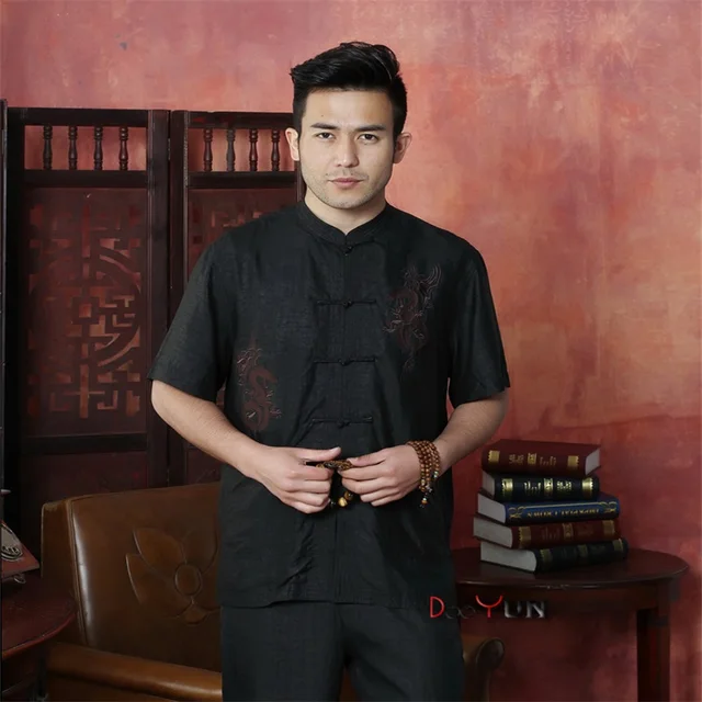 Black Chinese Men's Kung Fu Tops Shirt Embroidered Dragon Single