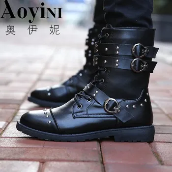 

2018 Hot Sale Winter Men Boots Pu Leather Men Rivet Shoes Mid-Calf Boots Male Low Heels Men Boots Free Shipping