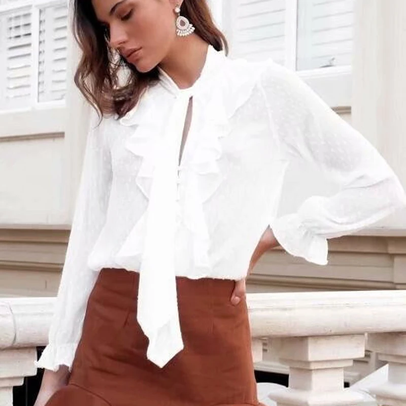 Office Lady Long Sleeve Solid White Ruffled Collar Elegant Blouses Full Puff Sleeve Women Casual 