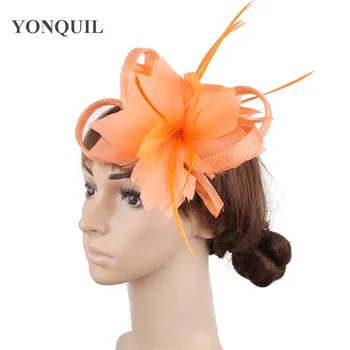 

orange feather flower sinamay fascinator headwear Nice colorful mesh race show hair accessories millinery cocktail hats XMF393