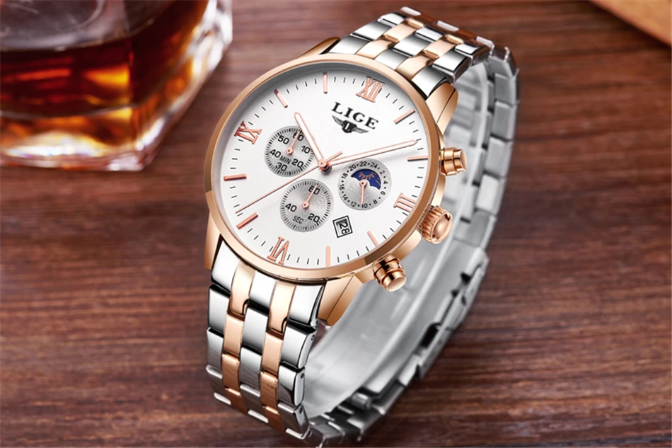 Мужские часы Топ бренд класса люкс LIGE Moon Phase полностью стальные часы мужские бизнес модные кварцевые часы мужские спортивные часы для улицы