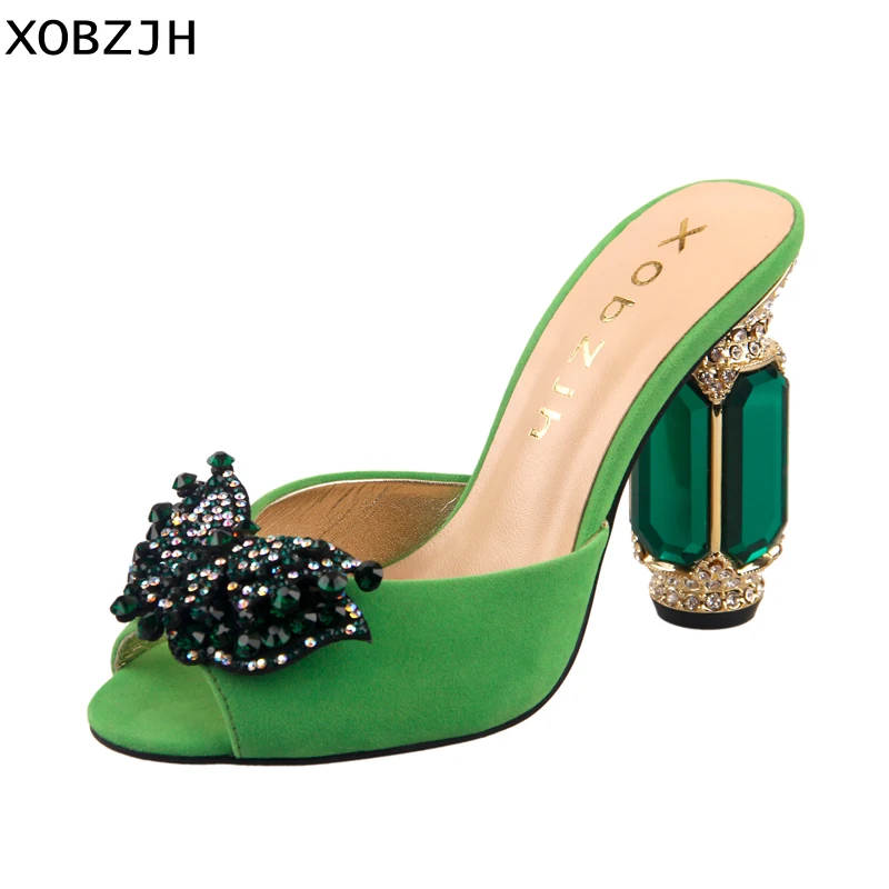 

XOBZJH 2019 New Rhinestone Buckle Open Toe Wedding Sandals Women Fashion Summer Luxury Slip On Green High Heel Shoes Plus Size