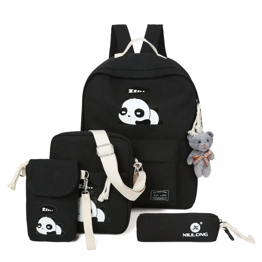 

2017 panda school bags for teenage girls canvas backpack girls 4pcs/set Knapsacks for teens pencil holder student bookbag