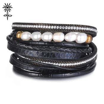 

10pcs/lot Multi-layer Leather Bracelet Simulated Pearl Crystal Rhinestones Charm Bracelet for women pulseras mujer B-012*10