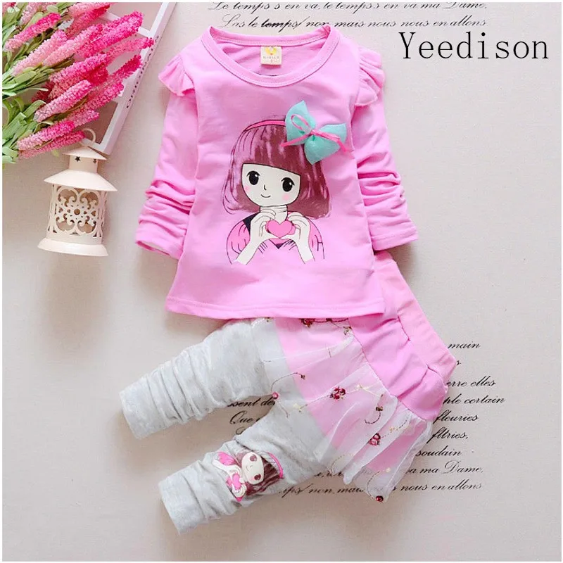 

Yeedison child clothing set childern leisure t-shirt + lace skirt pants suit baby girls autumn clothes underwear