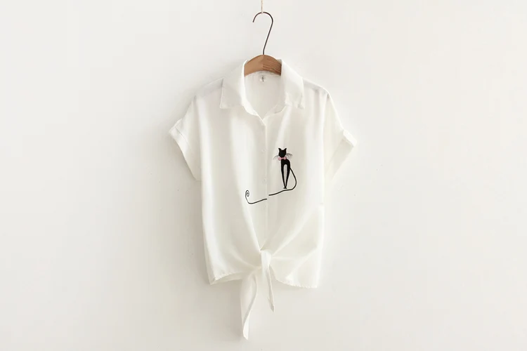 Casual Cat Embroidery Short Sleeve Women's Shirt And Blouses 2018 Summer Linen White Women's Shirts Buttoned Tops Blouse Womens13
