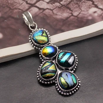 

Dashing Multi Gems Natural Dichroic Glass 925 Sterling Silver Color Charms Pendant Necklace Jewelry 2 3/4 INCH TF769