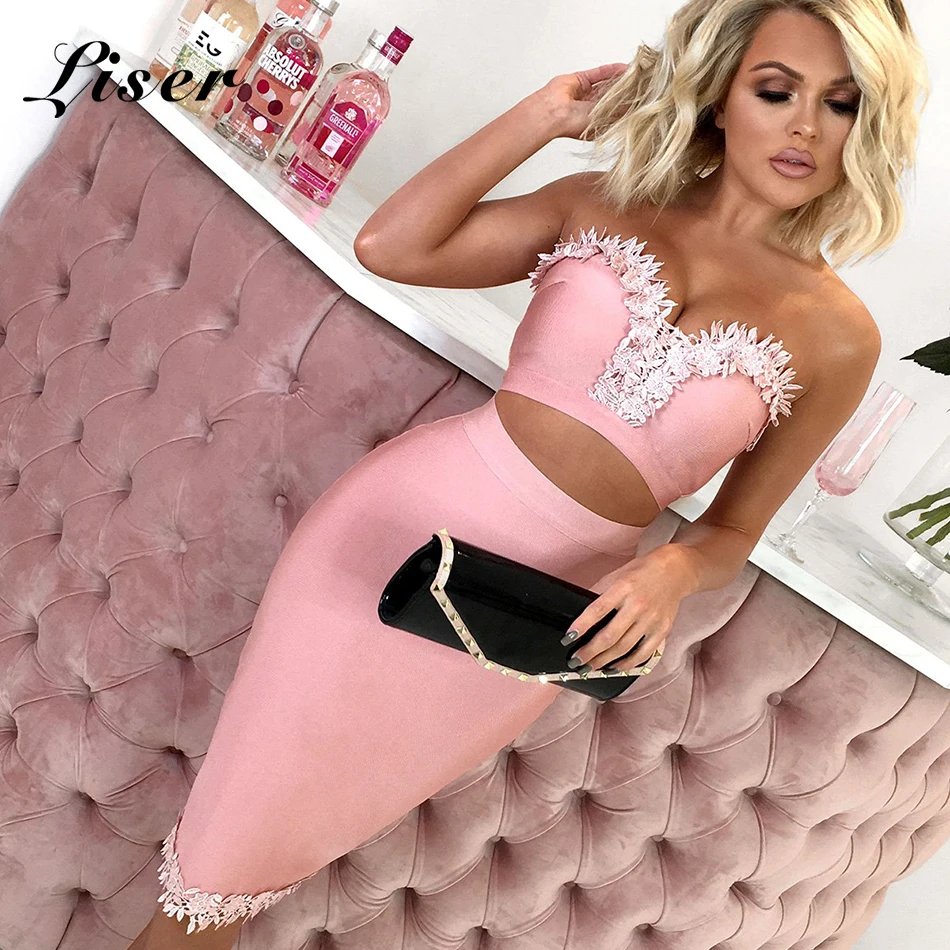 

Liser 2019 New Summer Women Pink Dress Strapless Two Pieces Bandage Dress Sexy Bodycon Elegant Celebrity Party Dresses Vestidos