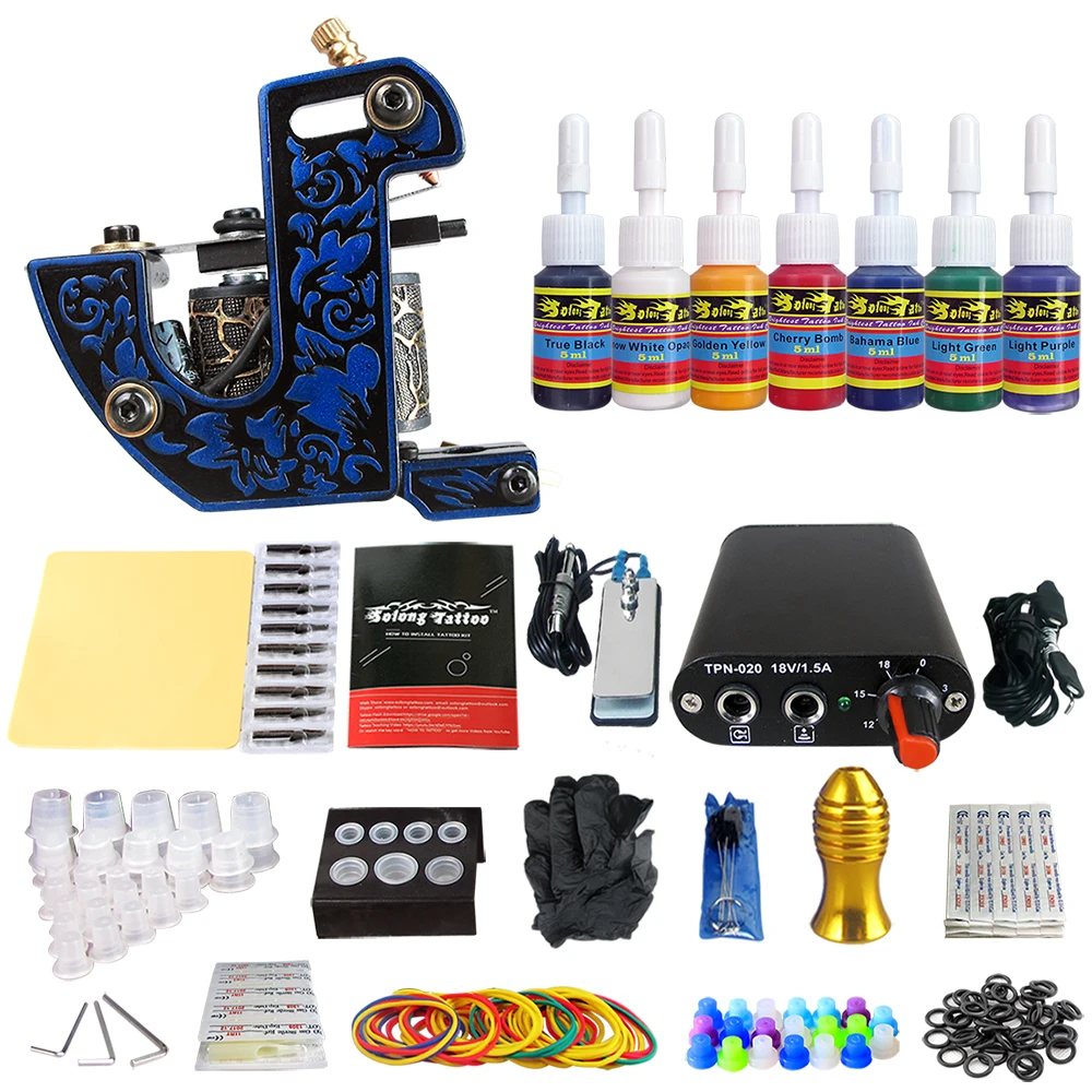 

Solong Tattoo Complete Beginner Tattoo Kit 1 machine Gun 7 Color Inks Power Supply Grips Foot Petal Needles Set TK105-62
