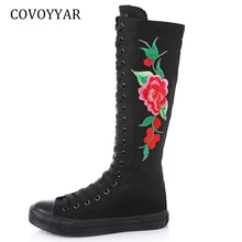 COVOYYAR/Новинка года; сапоги до колена; женская парусиновая обувь; модные женские сапоги на платформе с вышивкой; облегающая танцевальная обувь на шнуровке; WBS923