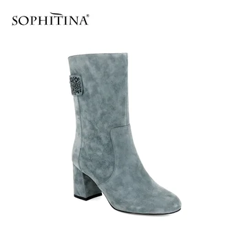 

SOPHITINA New Hot Sell Mid-Calf Boots Women Winter Warm Short Plush Shoes Elegant Pointed Toe High Heels Zipper Woman Boots M75