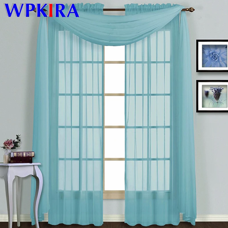 Blue Kitchen Short Sheer Solid Curtain Scarf Panel Tulle Window
