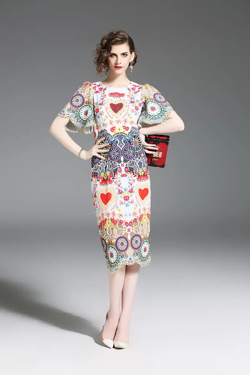2018 Summer Runway Designer Women Luxury Crystal Diamonds Floral Print Retro Long Dress Vintage Bodycon Pencil Party Dresses