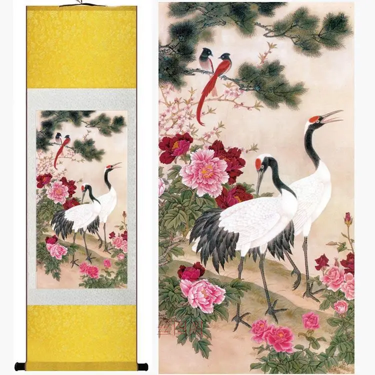 

Home Decor Silk traditional Chinese Peony Crane Hok ink watercolor flower and bird decorative scroll painting wall picture