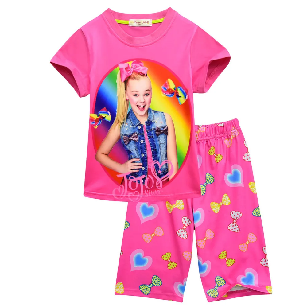 

Summer new siwa trend-setting cotton short-sleeved round neck half pants home printing girls pajamas set two-piece 5-12Years