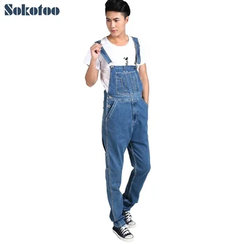 

Sokotoo Men's plus size denim overalls Male casual large size jumpsuits Fashion loose blue denim cargo bib pants Free shipping