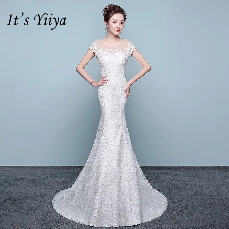 It S Yiiya New Skinny Lace Trumpet Wedding Dresses Sexy Boat Neck