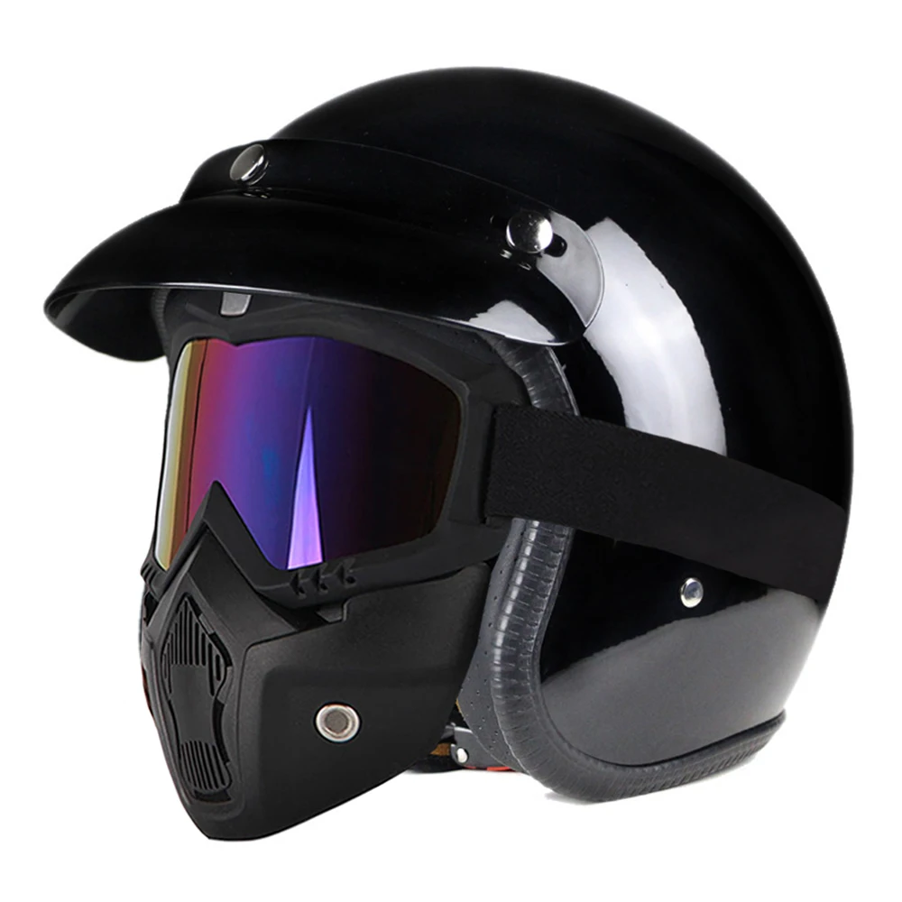 Moto rcycle шлем для мужчин casco moto Ретро Винтаж круизер чоппер Скутер Кафе Racer Cascos moto шлем 3/4 открытый шлем - Цвет: Bright Black-Mask