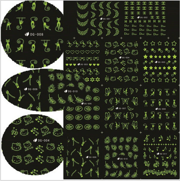 11 видов конструкций в 1, Бабочка, кошка, молния, Павлин, дизайн, светящиеся наклейки для дизайна ногтей, Переводные картинки, украшения, сделай сам, Маникюрный Инструмент, JIDG-001-011