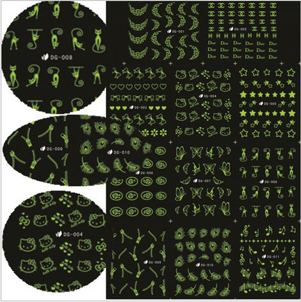

11 Designs In 1 Butterfly Cat Zipper Peacock Design Luminous Nail Art Stickers Decals Decoration DIY Manicure Tool JIDG-001-011