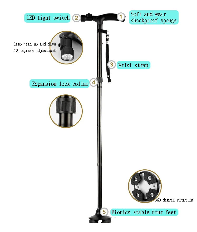 Алюминий сплава четыре стопы Многофункциональный светодиодный светильник складные трости треккинг Пеший Туризм Трость путешествия костыль альпеншток