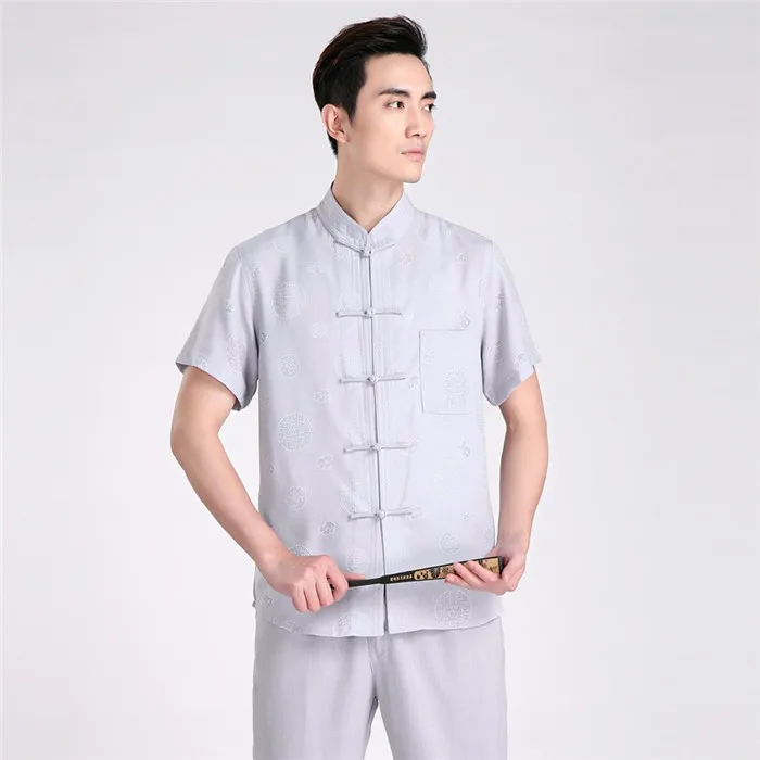 Новое поступление серый Для мужчин кунг-фу Рубашка из хлопка и льна Рубашки для мальчиков лето Винтаж скороговоркой Тан костюм Топы