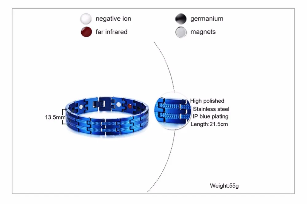 Vinterly синий магнитный браслет для мужчин из нержавеющей стали звено цепи браслеты и браслеты панк энергетические украшения браслет для мужские ювелирные изделия