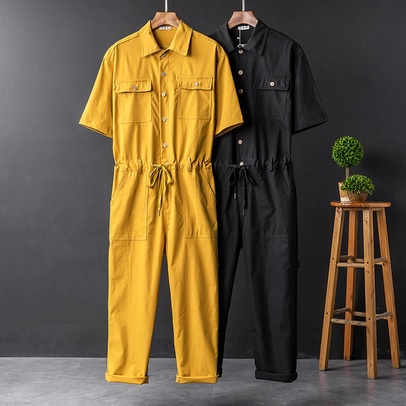 Jumpsuit Short Sleeve Men One Piece Overalls Cotton Fashion Casual Mens
