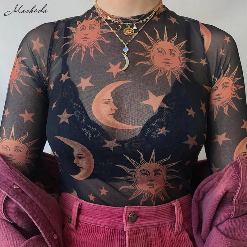 

Macheda Sun Moon Printed Transparent Mesh Sexy T-Shirt Women O-Neck Long Sleeve Slim Basic Casual Female Tops 2019 Spring New