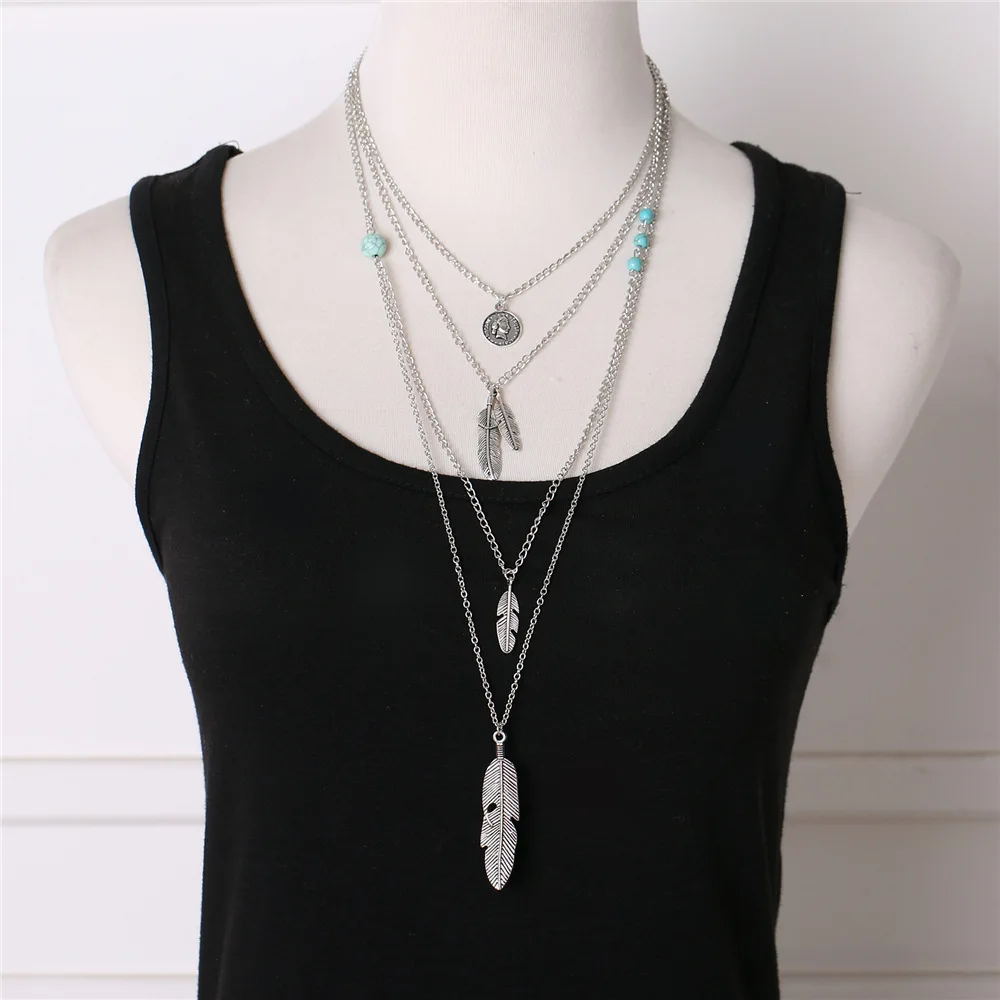 

Europe and the United States the new multilayer deserve to act the role of coin feather long sweater chain necklace hoard of pop