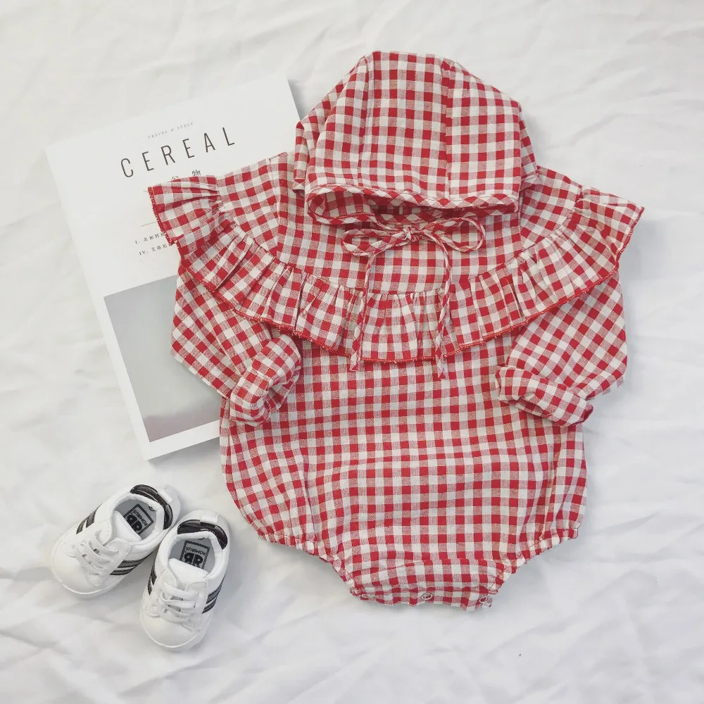 spring baby clothes toddler long sleeve romper Red plaid pattern cotton