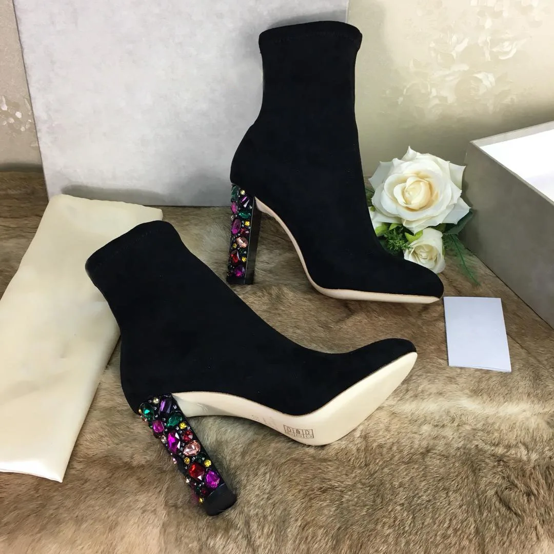 

Fashion Cow Suede Boots Genuine Leather Rhinestone Boots Autumn Winter Shoes Woman Cozy Ankle Boots Hot Pointed Toe High Heels