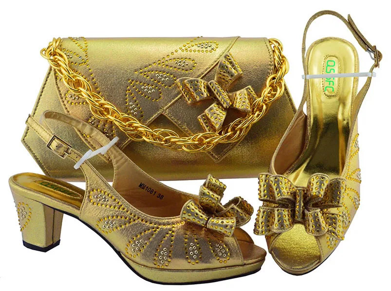 Free shipping gold italian shoes and bag matching set with big butterfly know and size 38 to 43 low heel 2.5 inches SB8286-6