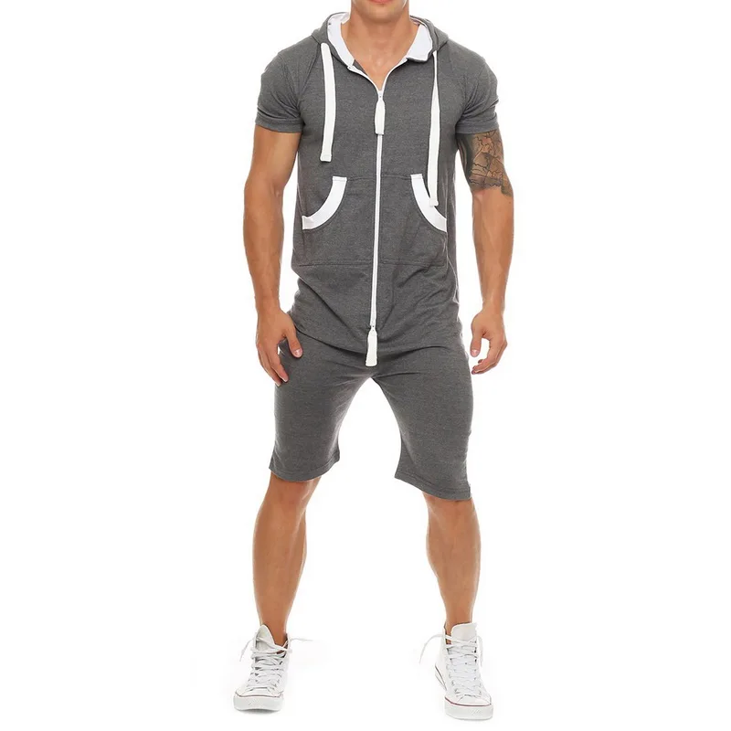 

2019 Summer Casual Mens Tracksuit Jumpsuit Men Overalls Short Sleeve Sweatshirt Hoodies and Short Romper Mens Overalls Sportwear