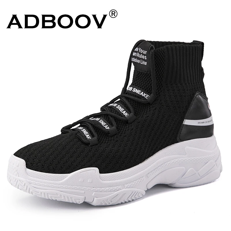 Baratos ADBOOV High Top hombres mujeres zapatillas 5 cm grueso Sole zapatos de punto Vamp transpirable papá Zapatos blanco negro Sapato femenino