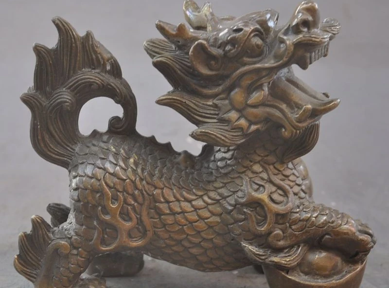 

7"chinese fengshui bronze wealth foo dog Kirin Unicorn Brave troops beast statue