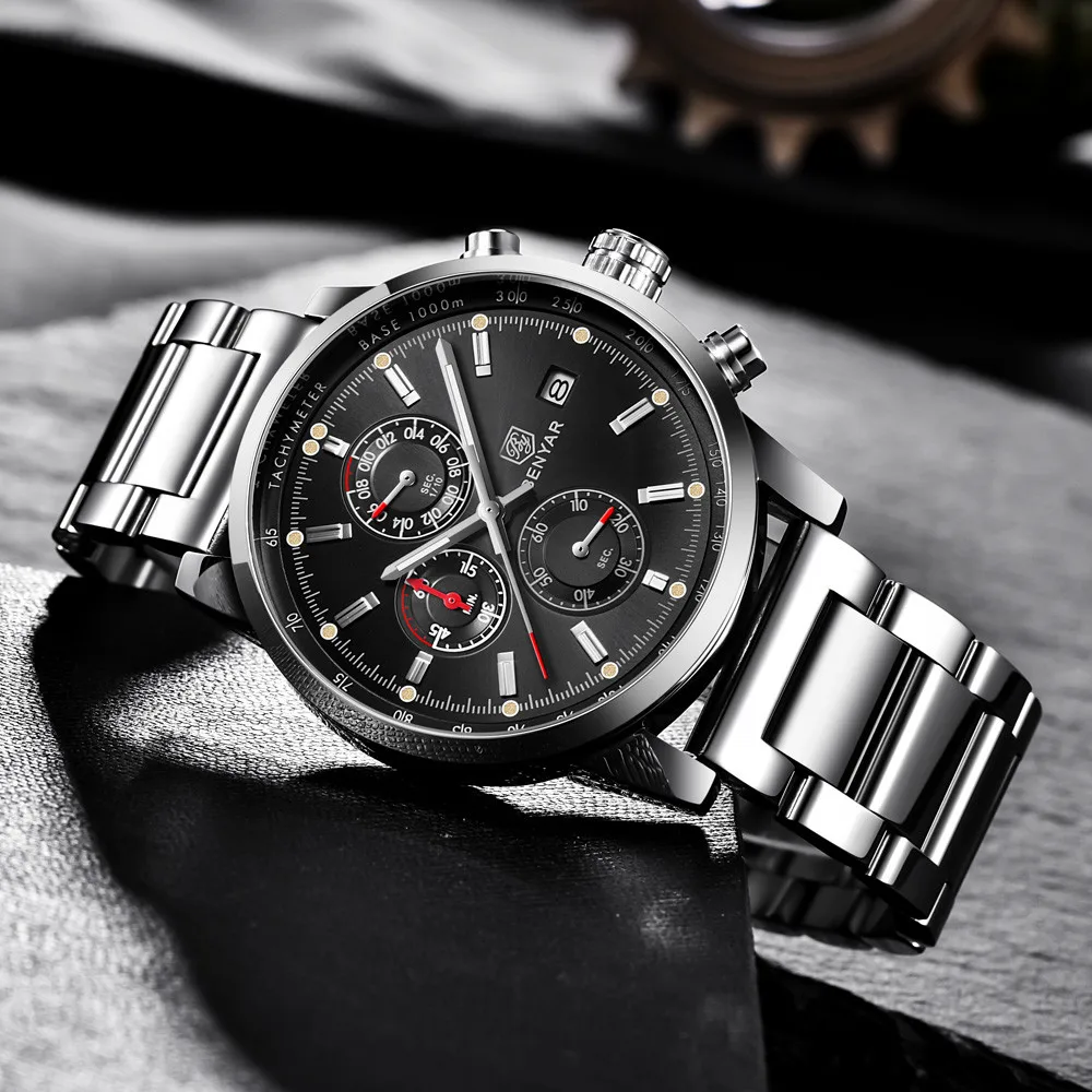 BENYAR мужские повседневные модные часы мужские спортивные часы роскошные кожаные водонепроницаемые противоударные кварцевые часы черные простые мужские часы