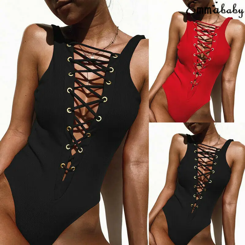 

Hot Women One-Piece Bikini Solid Bandage Swimsuit Swimwear Push-up Sexy Ladies Padded Bra Beach Summer Monokini Bathing Suit