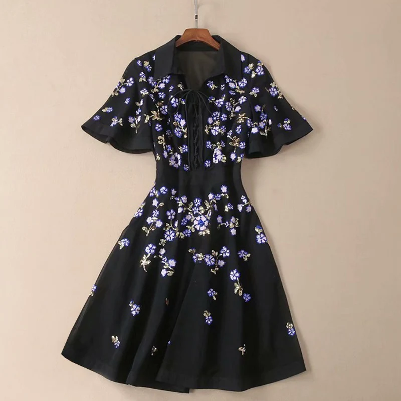 womens party clothes shiny sequin dress woman fashion 2019 tops flowy dress turn-down collar string lace up bib a line dress