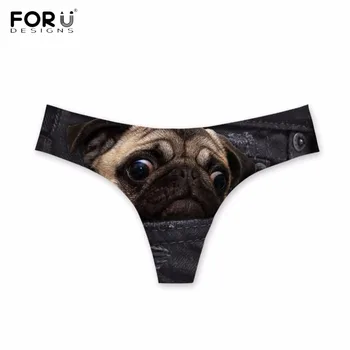 

FORUDESIGNS Cute 3D Black Fake Denim Pug Dog/Puppy Printing Woman G-strings Breathable Summer Thongs Casual Bodybuilding Panties