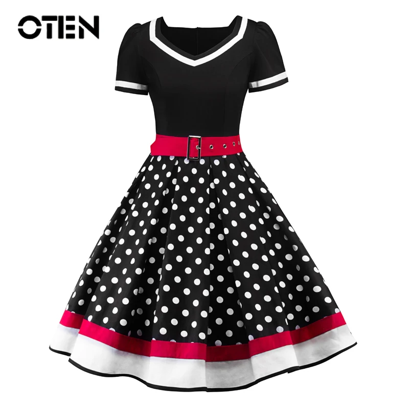 

OTEN Womens A-line Dress 2018 Summer patchwork V-Neck short sleeve Polka Dot retro rockabilly sexy with belt Knee-Length dress
